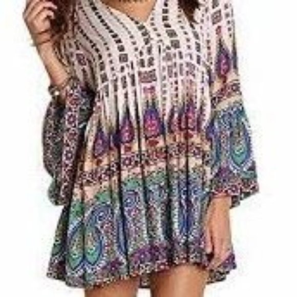 Umgee USA VNeck bell Sleeve Print Baby Doll Boho Peasant Dress style Tops M READ - Picture 1 of 16